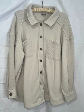 Como Vintage Women's Shirt Jacket Waffle Knit Cream Ivory Front Pockets 2X